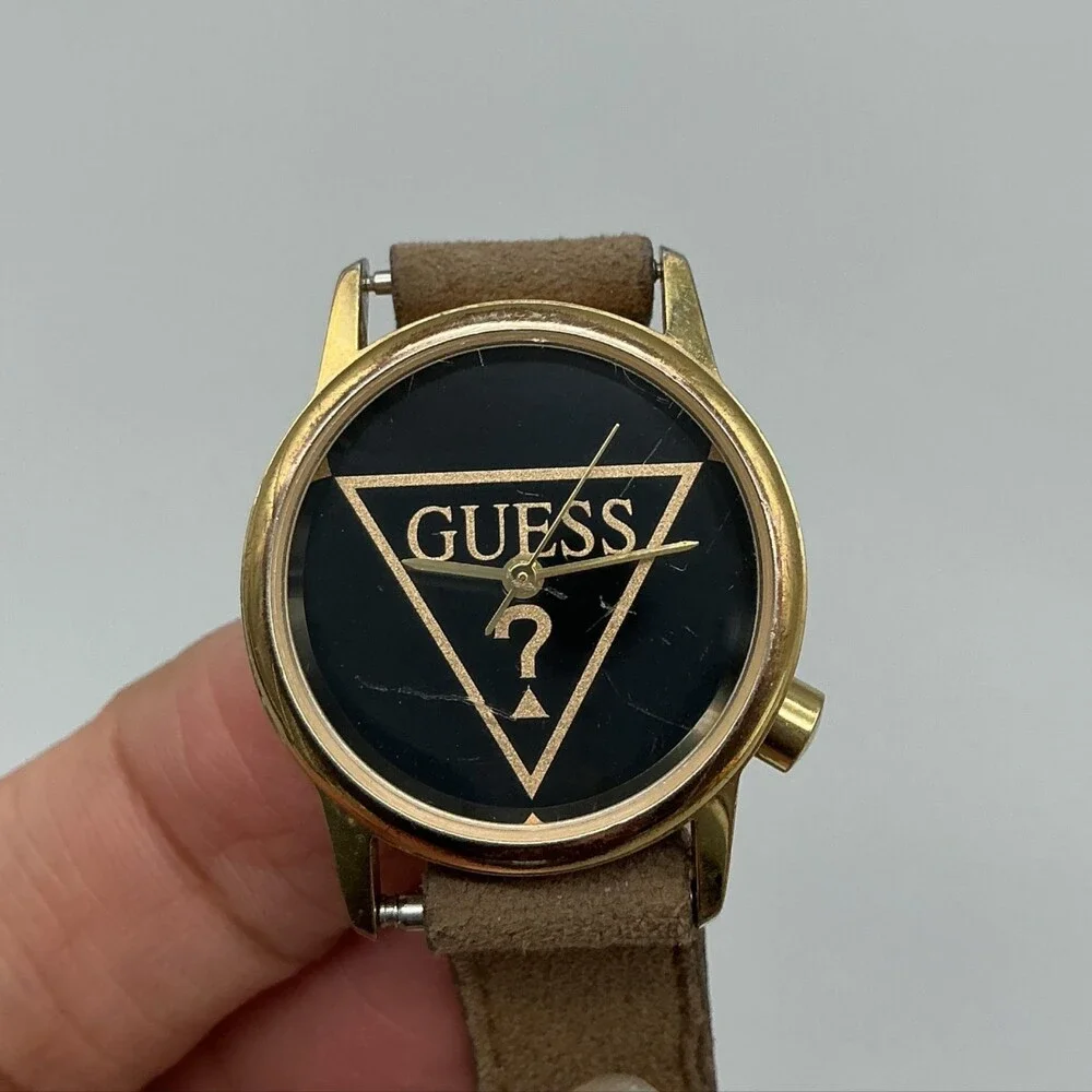 Vintage Guess 1991 Womens Watch 25mm Black Logo Dial Gold Tone New Battery